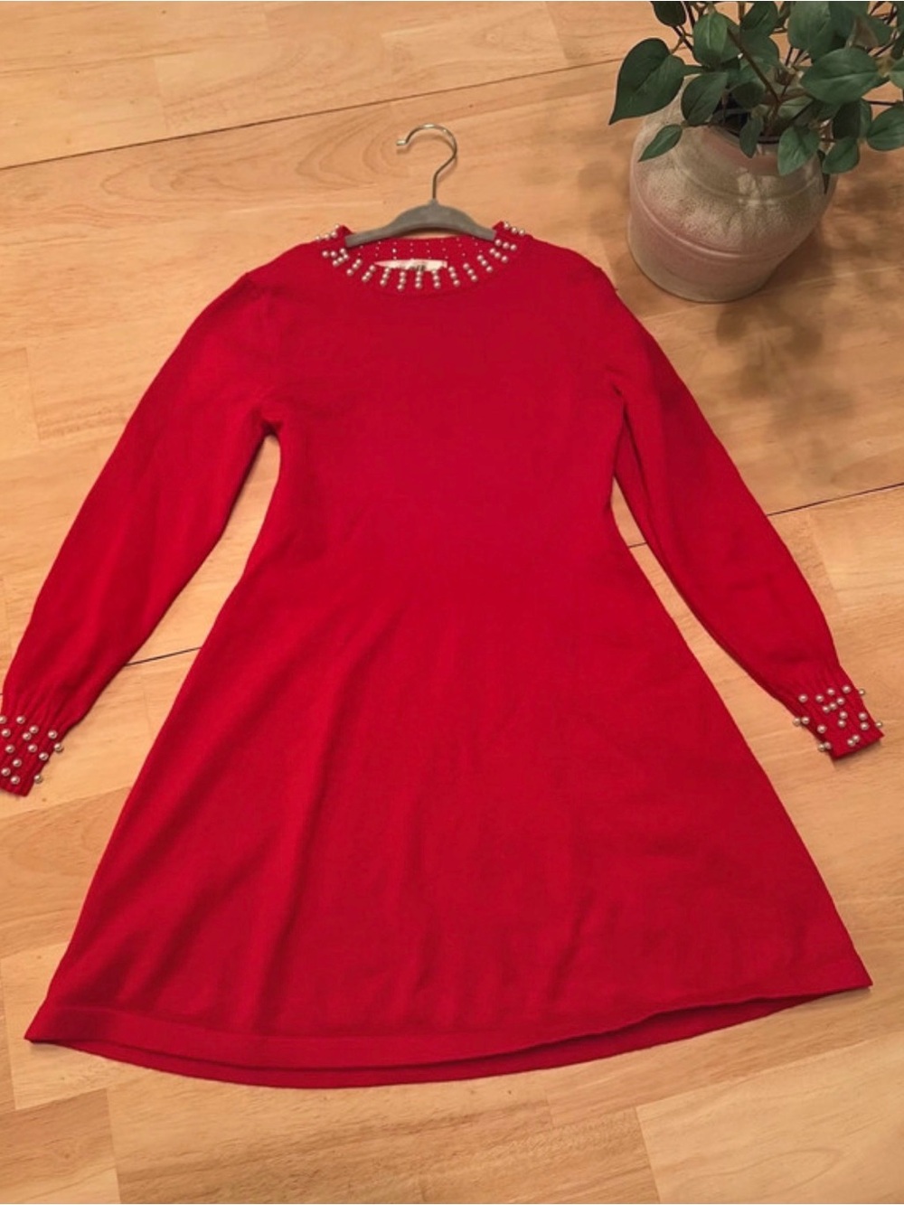 Poppies and Roses Girls Red Pearl-Embellished Long Sleeve Dress